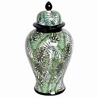 ваза керамическая листья с крышкой бело-зеленая 20*33см в Магнитогорске